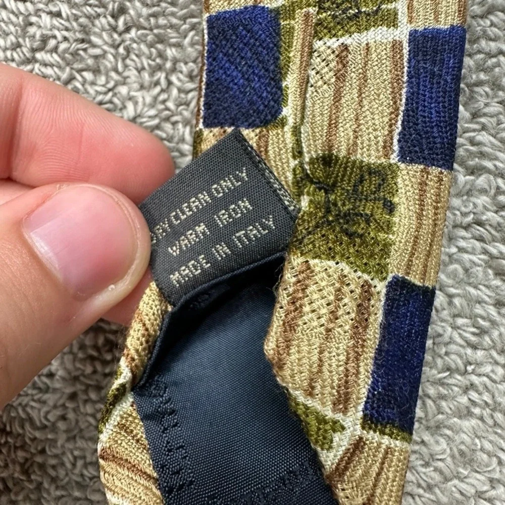 Ermenegildo Zegna Silk Tie Blue Green Tan Geometric Patchwork Made in Italy